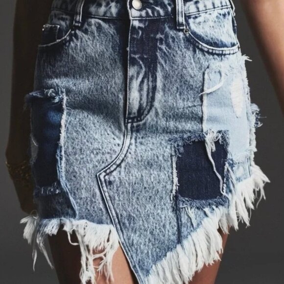 RETROFETE Irene Acid Wash Mini Denim Skirt Patchwork Distressed XXS - Picture 1 of 3